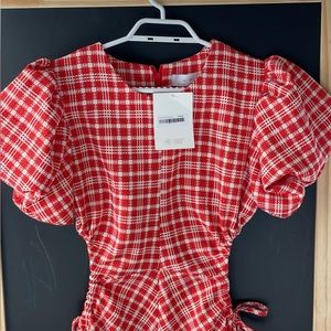 Oak + Fort red plaid puffed sleeve dress with cutout sides NWT size S